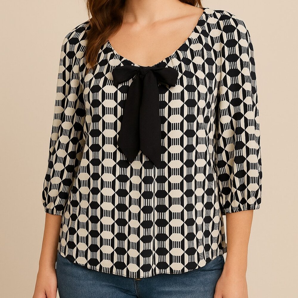 ANNE TAYLOR Black Tie Blouse Black & White Geo Stripes Balloon Sleeves
